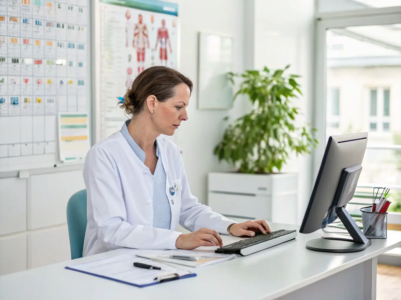 A healthcare administrator working on a computer in a modern office, showcasing the importance of efficient management and technology in healthcare operations.