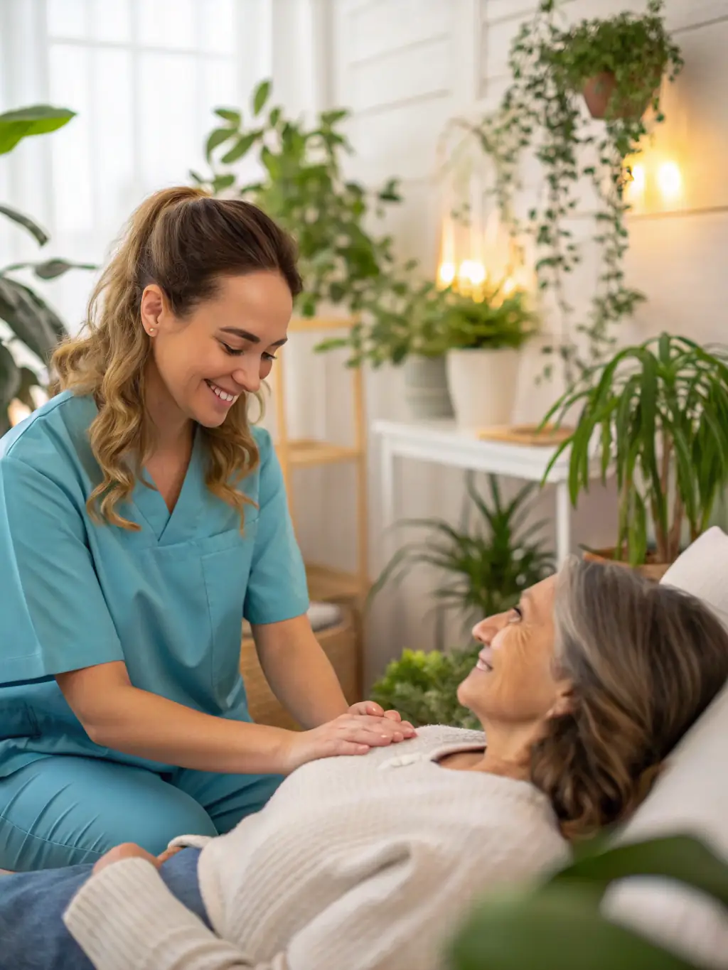 A professional German nurse assisting an elderly patient in a modern hospital room, showcasing compassionate care and a supportive environment.