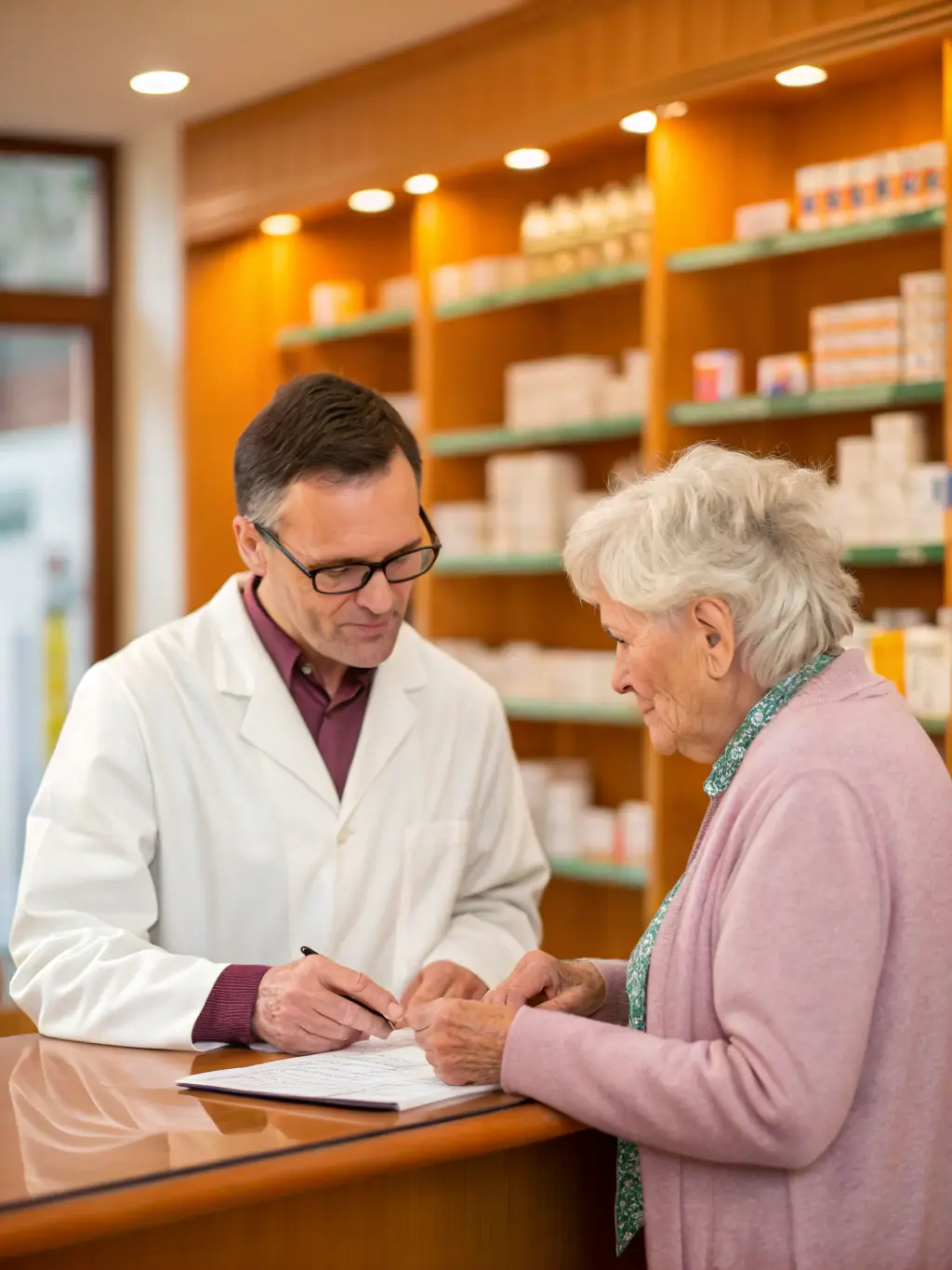 A pharmacist dispensing medication and counseling a patient in a modern pharmacy setting, emphasizing accuracy and patient education.
