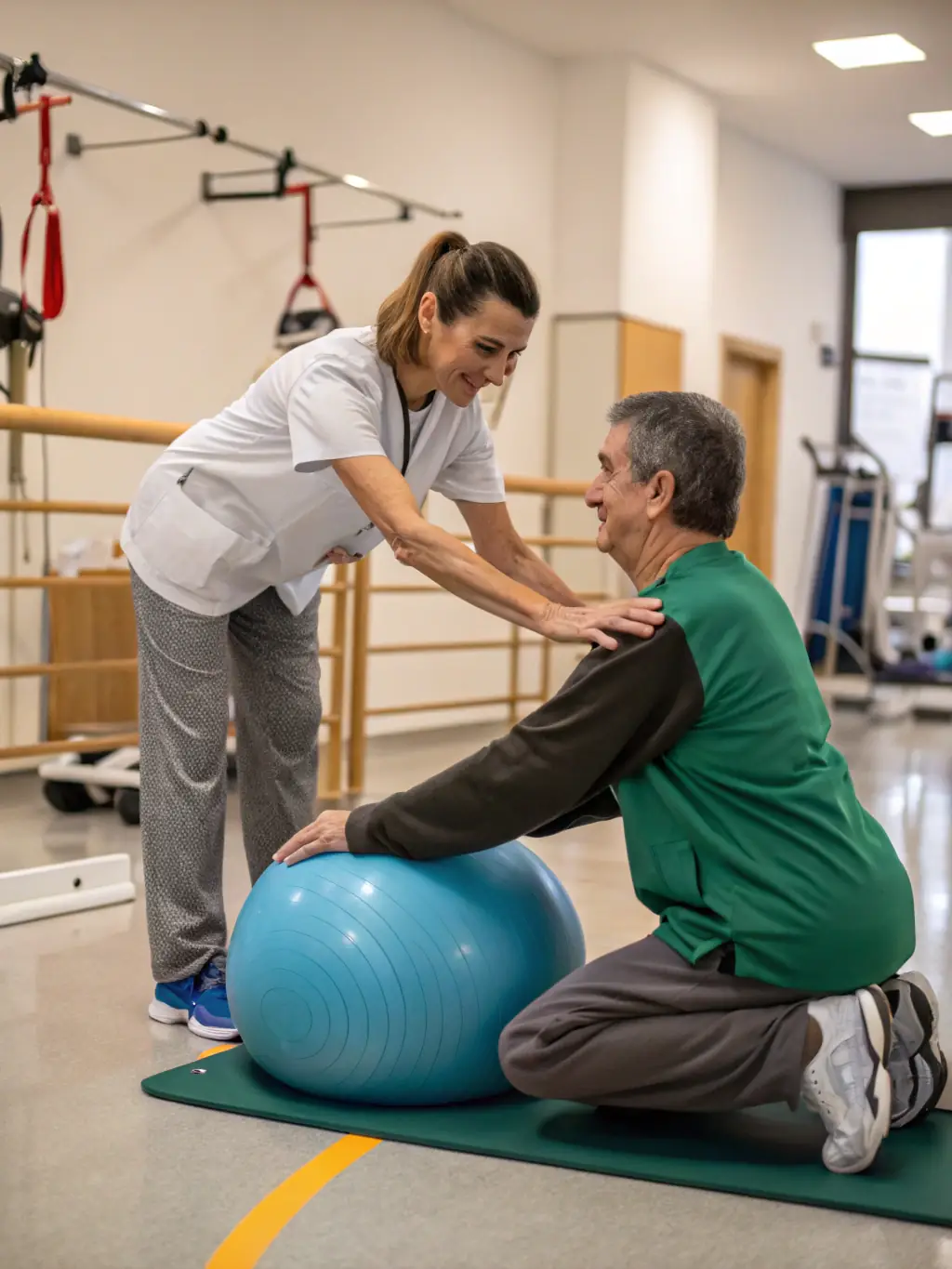 A skilled physiotherapist guiding a patient through rehabilitation exercises in a well-equipped clinic, demonstrating expertise and personalized treatment.
