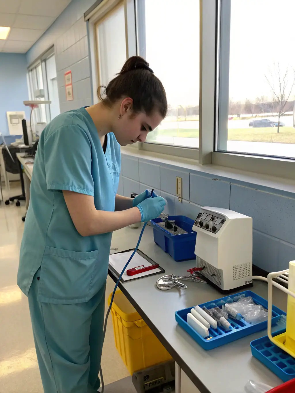 A dedicated medical assistant preparing medical equipment in a clean and organized examination room, highlighting attention to detail and efficiency.